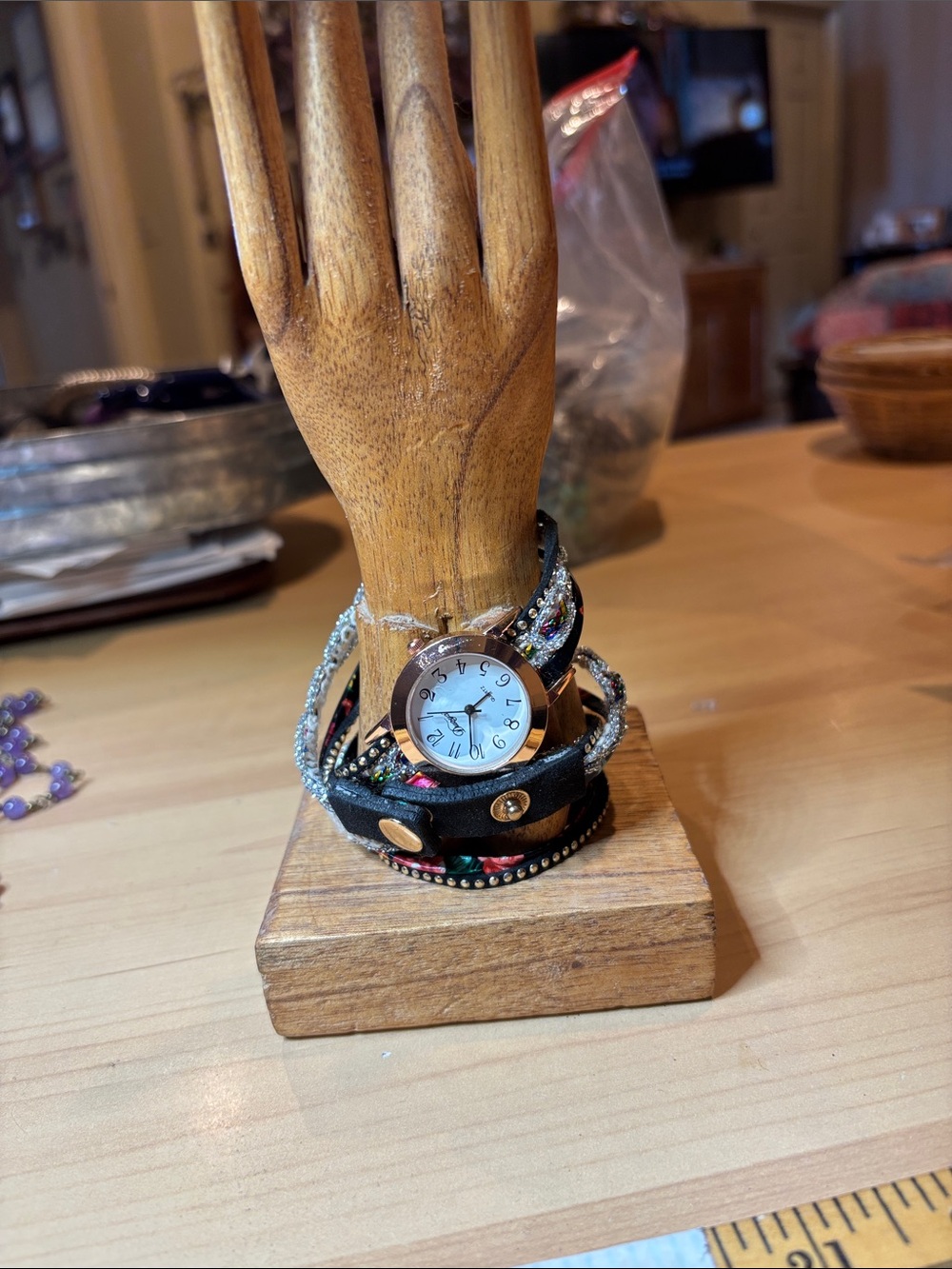 Wraparound Studded Leather Bracelet Watch - Black with Multicolor Accents